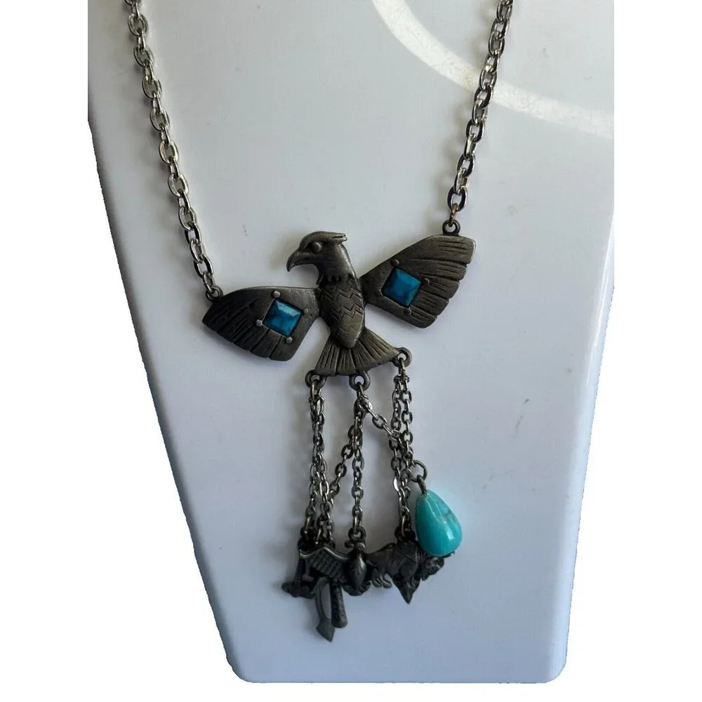 Vintage Park Lane Block Turquoise Tribal Charm Peyote Bird Southwestern Necklace - Picture 2 of 10